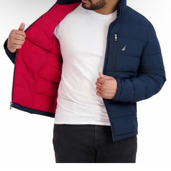 Nautica Men's Reversible Puffer Jacket Dark Blue And Red Size L Large NWT - Picture 1 of 12